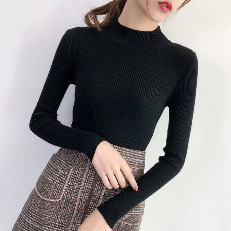 秋冬打底衫女内搭新款黑色百搭针织衫修身显瘦洋气半高领毛衣简约
