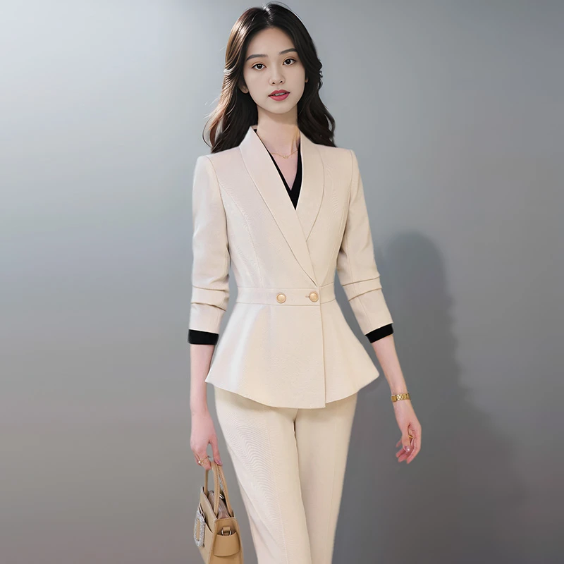 时尚气质荷叶边修身显瘦西装套装女新款长袖春季主持人商务职业装