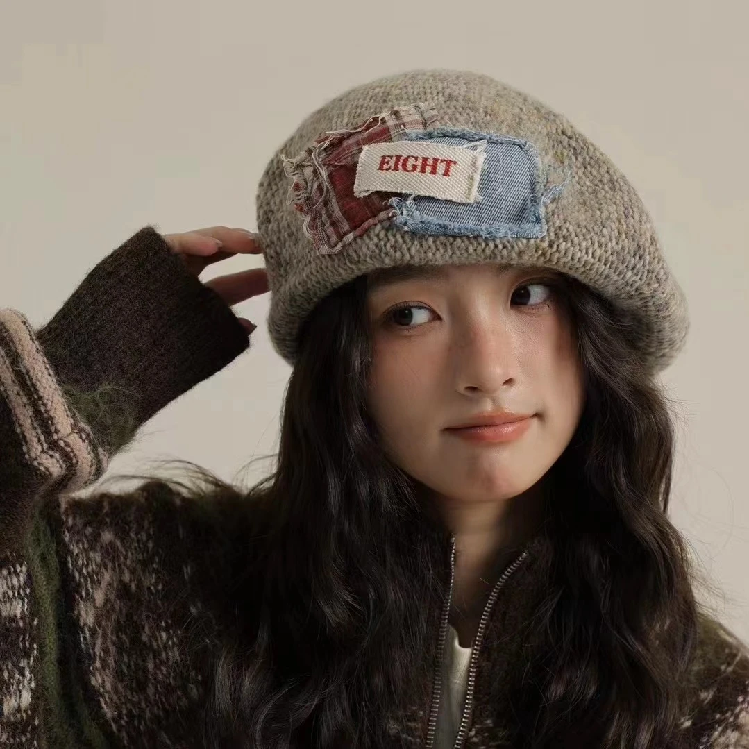【森林推荐】新款秋冬毛线贝雷帽文艺休闲百搭画家帽补丁花色前进帽