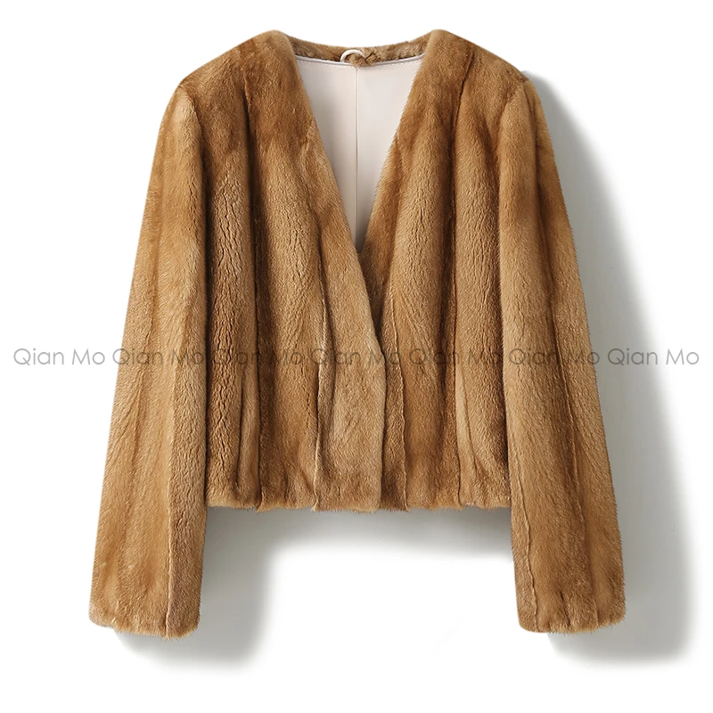 402252丹麦皇冠短二紫金天鹅绒水貂短款V领全抽刀皮草女装外套