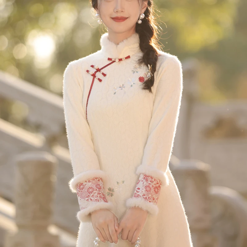 【青未了】秋冬羽毛纱保暖时尚大气优雅气质国风加厚加绒少女旗袍