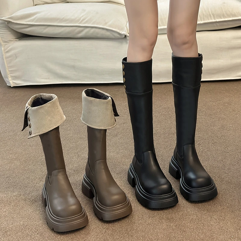 厚底骑士靴复古长筒靴2024新秋冬款小个子增高两穿中筒靴瘦瘦靴潮