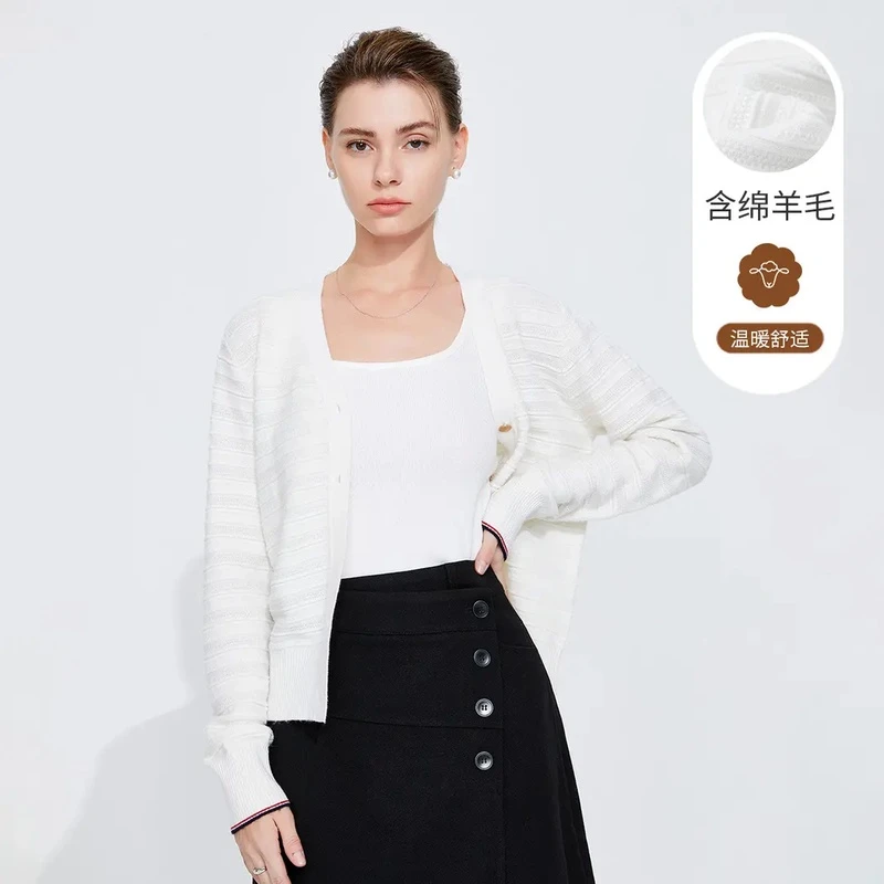 Navigare意大利小帆船春秋女士含绵羊毛提花开衫显瘦长袖针织衫