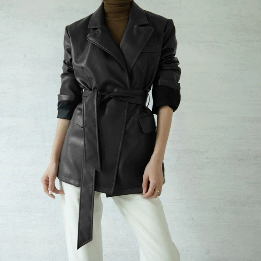 【MAnZiliEn】真皮绵羊皮廓形气质干练中长款时尚气质小西装外套