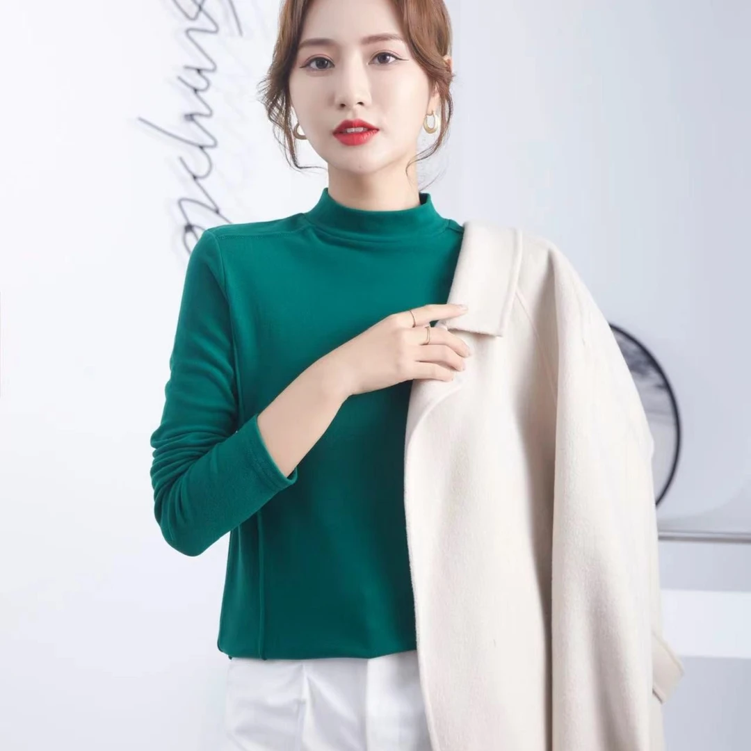 高品质3合1双面澳绒设计感肩线长袖显瘦纯色打底衫T恤内搭3027
