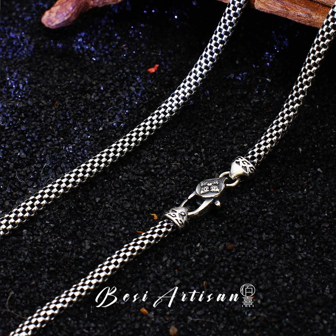 链子925银 方扣网格空心扁蛇骨链男小众个性盒子男女百搭毛衣项链