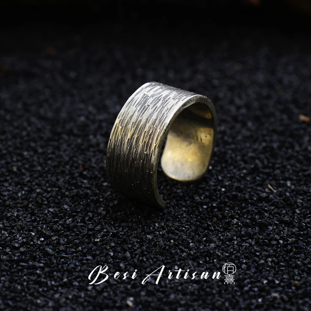 925银戒指 年轮纹复古做旧男士开口戒指简约条纹百搭小众个性指环