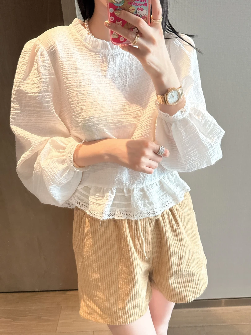 【张静芝】木耳花边领纹理长袖衬衫