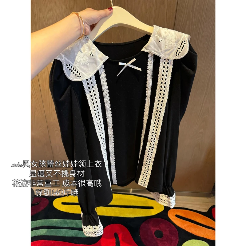 【张静芝】撞色蕾丝钩花边娃娃领黑衬衫
