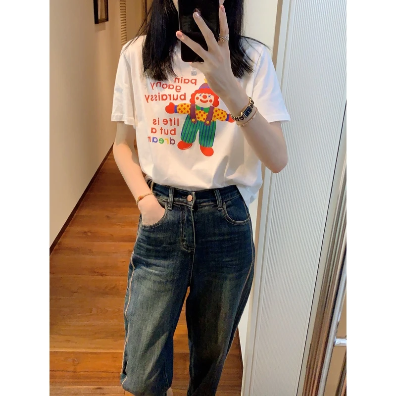 【张静芝】小丑卡通印花圆领纯白色短袖T恤