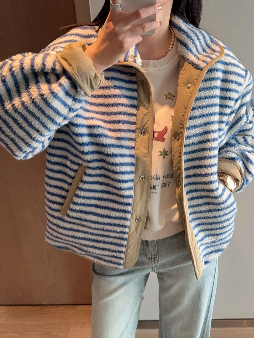 【张静芝】蓝条糕糕绒小翻领外套