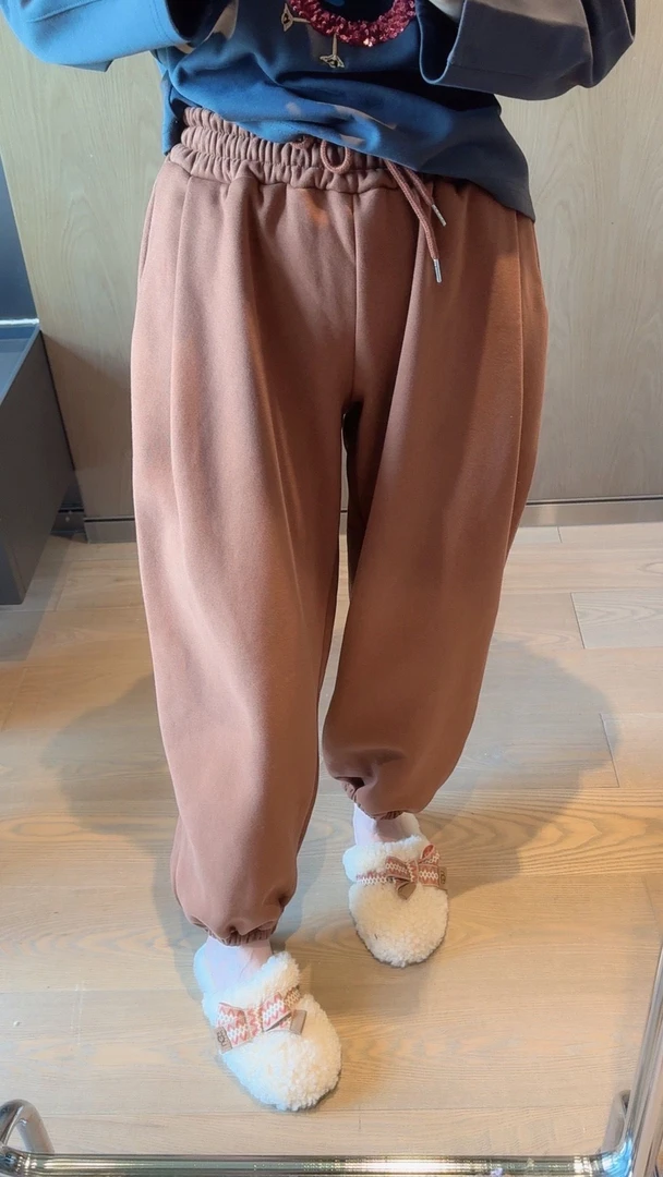【张静芝】咖啡色抽绳加绒松紧腰休闲裤