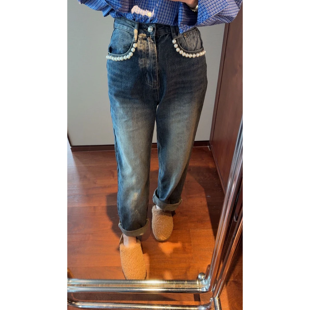 【张静芝】口袋钉珠磨白直筒蓝色牛仔裤