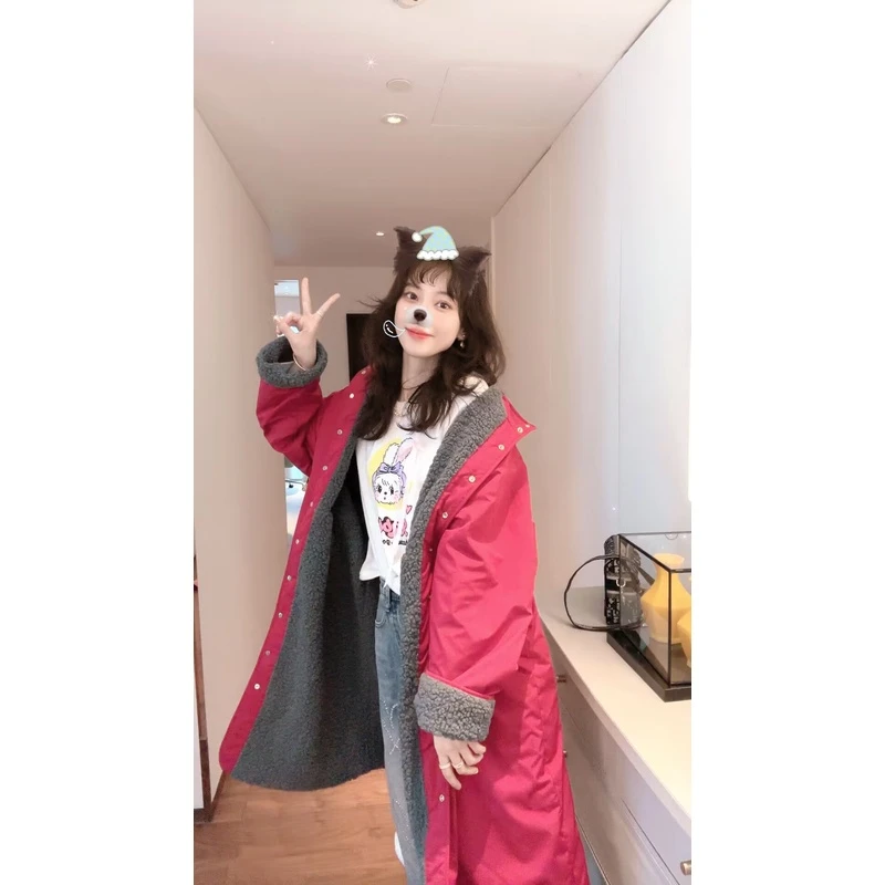 【张静芝】韩剧女主范儿复古红两面穿绒绒质感长款棉服