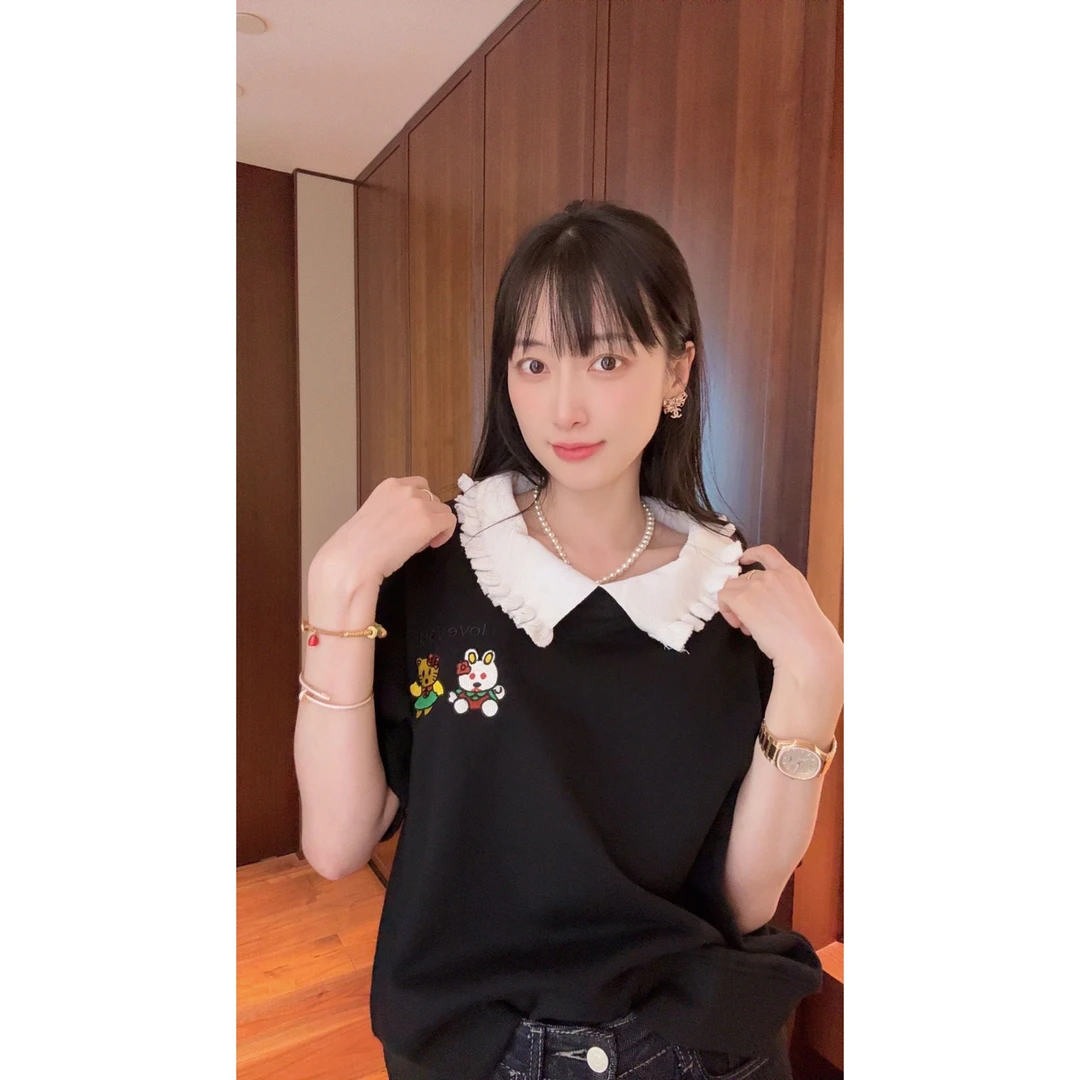 【张静芝】刺绣卡通拼娃娃领短袖T恤