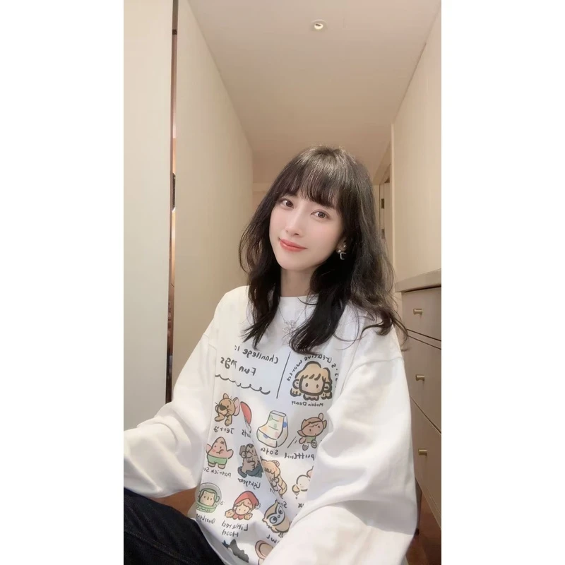 【张静芝】可爱手绘卡通头像字母印花厚实秋冬磨毛女生长袖T恤