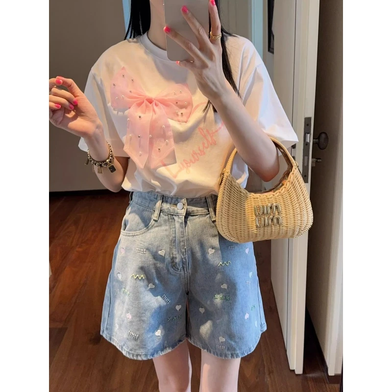 【张静芝】钉珠欧根纱蝴蝶结爱心短袖T恤