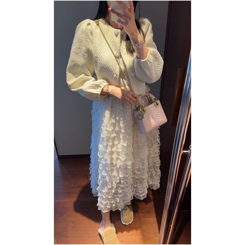 【张静芝】名媛风层层蕾丝花边拼接假两件早春女生连衣裙