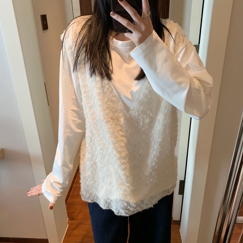 【张静芝】假两件蕾丝拼接长袖T恤