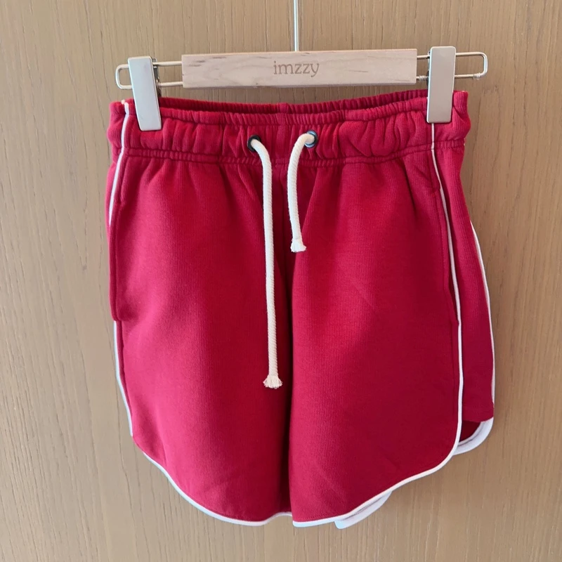 【张静芝】学院风白色包边设计减龄抽绳松紧腰红色休闲短裤