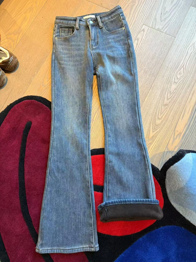 【张静芝】水洗蓝厚实加绒微喇牛仔裤