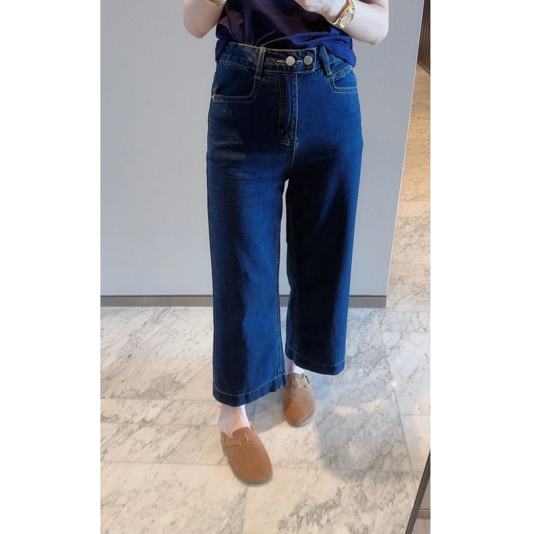 【张静芝】高腰深蓝色阔腿牛仔裤