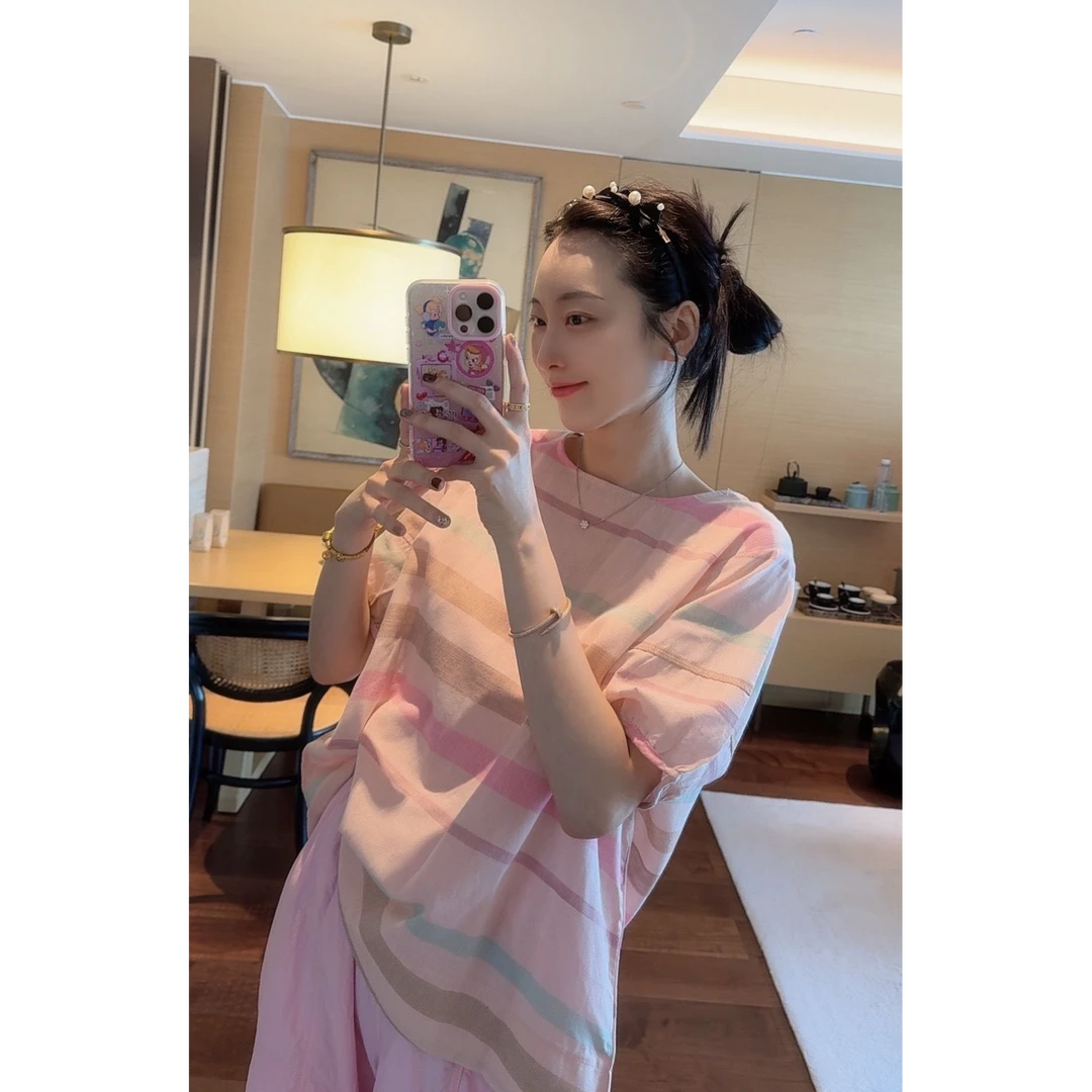 【张静芝】撞色彩条纹包边T恤