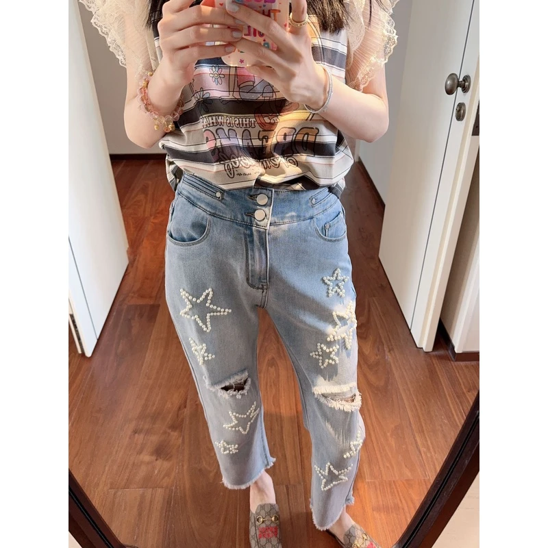 【张静芝】钉珠五角星磨破毛边牛仔裤