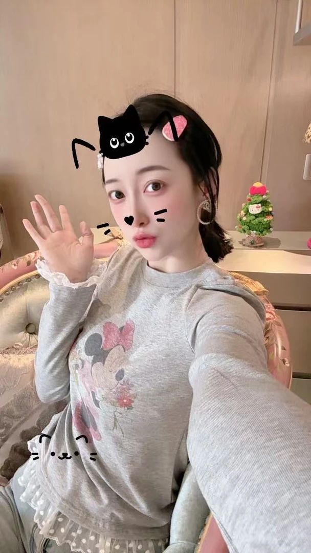 【张静芝】卡通印花拼蕾丝花边灰色T恤