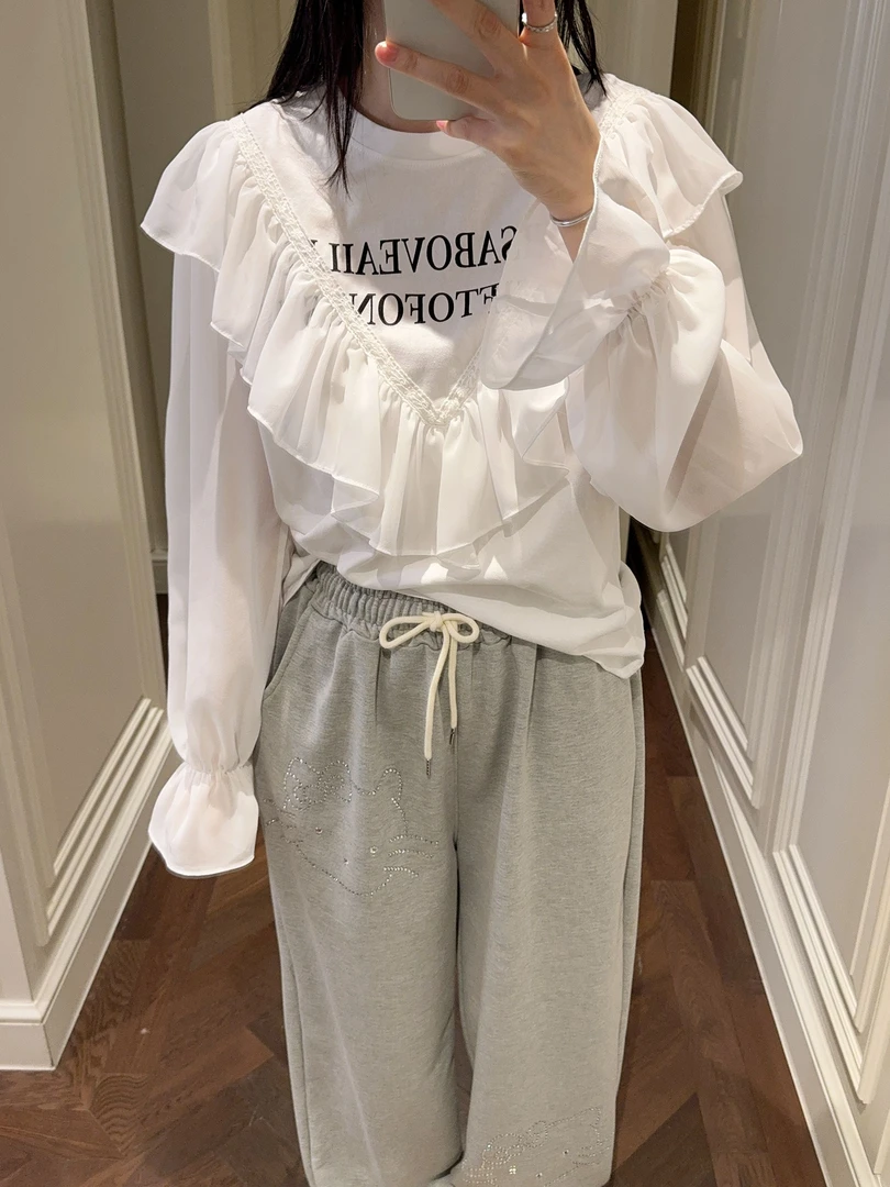 【张静芝】字母印花拼雪纺花边T恤