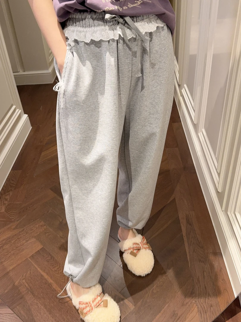 【张静芝】花边拼接抽绳腿休闲裤