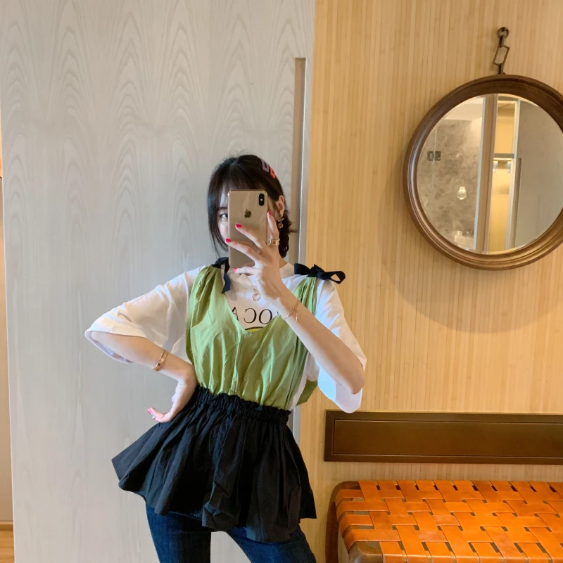 ◆张静芝 豆沙绿荷叶收腰蝴蝶结肩小可爱娃娃衫上衣