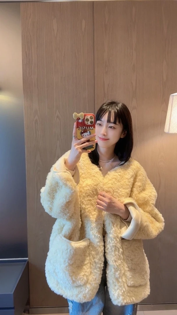 【张静芝】小鹅黄糕糕毛口袋外套