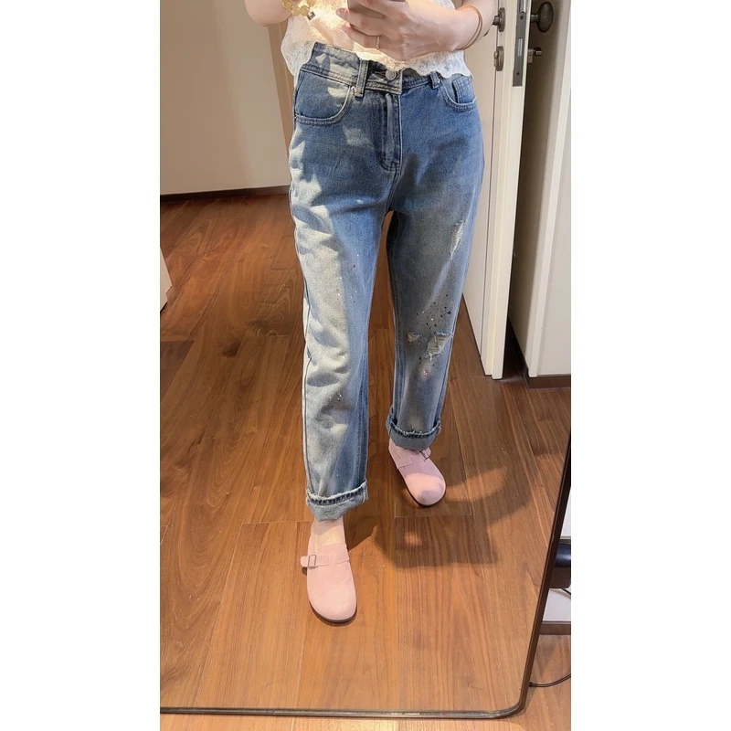 【张静芝】做旧水洗割破喷漆设计感显瘦时髦牛仔裤