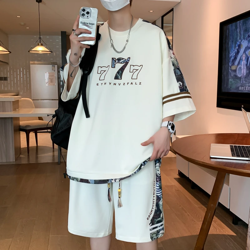 休闲运动套装男夏季阔宽男装搭配一套冰丝t恤青年中国风短袖短裤