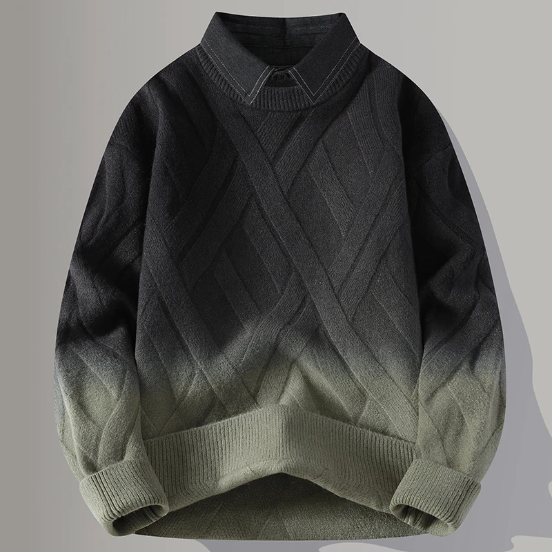 渐变毛衣男款冬季衬衫领内搭假两件针织衫潮牌青少年加绒加厚线衣