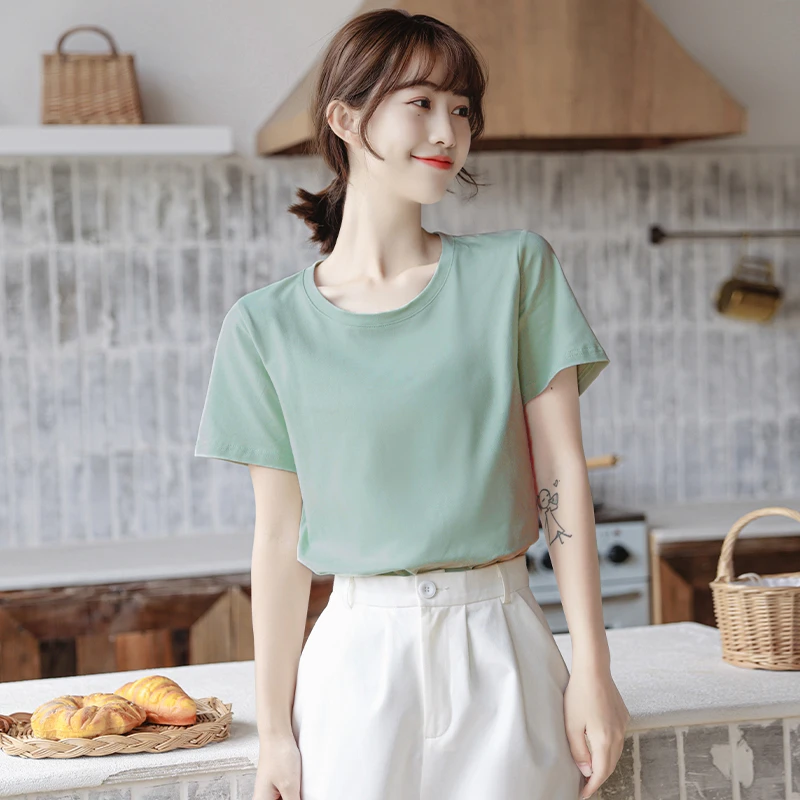 豆绿色短袖t恤女夏季宽松2025新款纯色纯棉白色上衣打底衫ins体恤