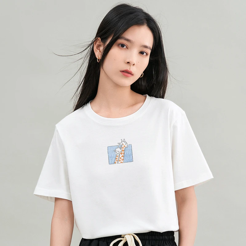 2025夏季纯棉T恤女简约治愈体恤长颈鹿印花显白圆领休闲上衣学生