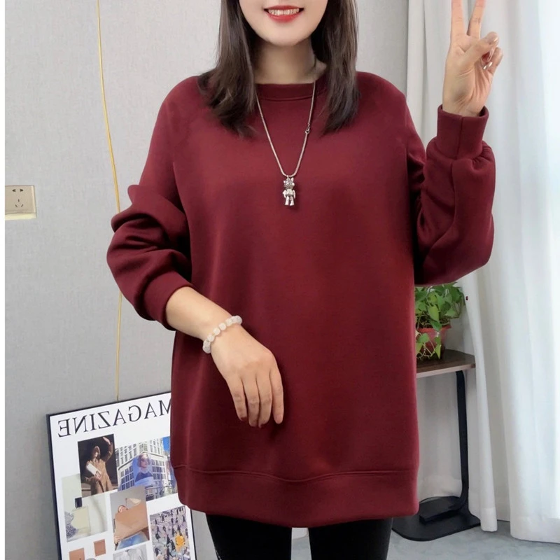 纯棉百搭秋冬宽松休闲纯色无帽圆领卫衣女潮中长款慵懒风长袖上衣