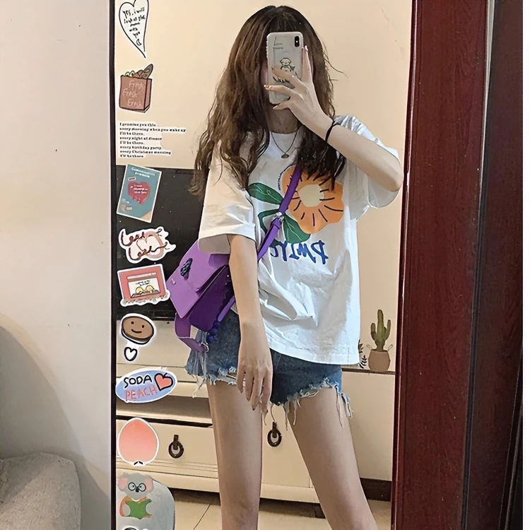 美式复古白色印花纯棉短袖t恤女夏季2025新款女装休闲宽松上衣潮