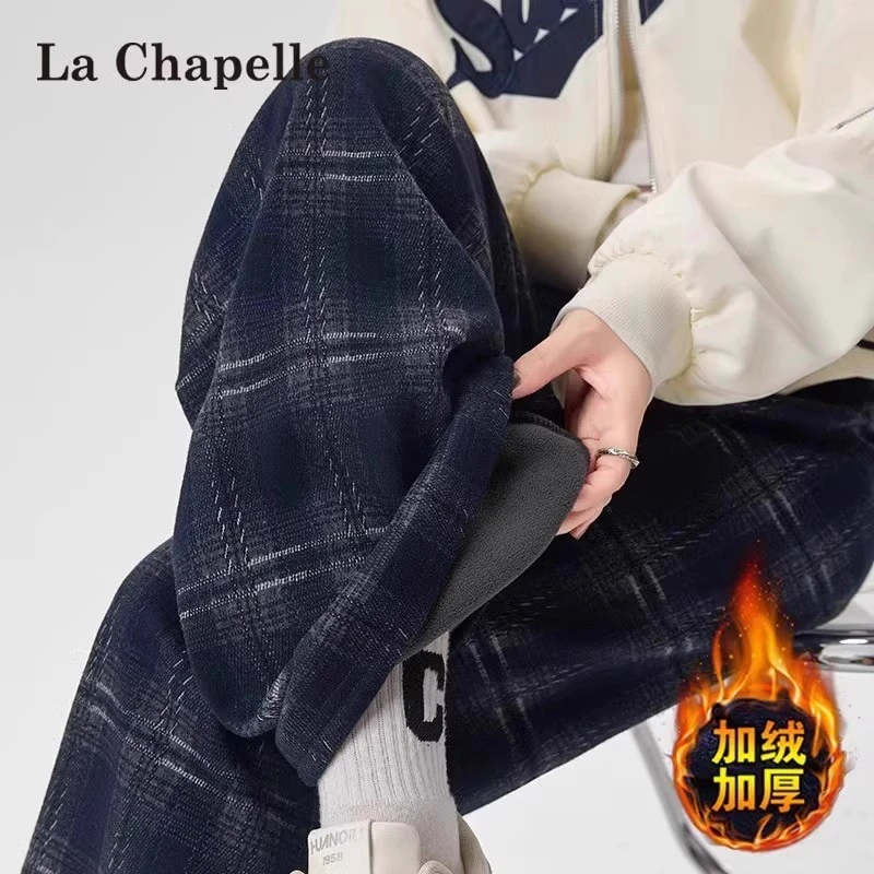 拉夏贝尔复古格子阔腿裤女秋冬加绒保暖毛呢休闲裤宽松直筒拖地裤