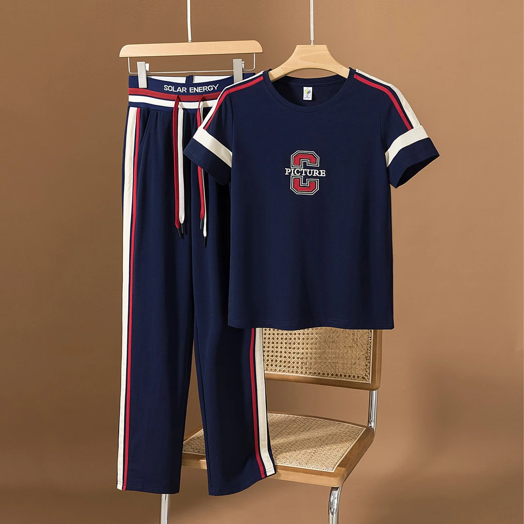 圆领运动套装短袖T恤直筒裤薄款套装夏季休闲两件套3280