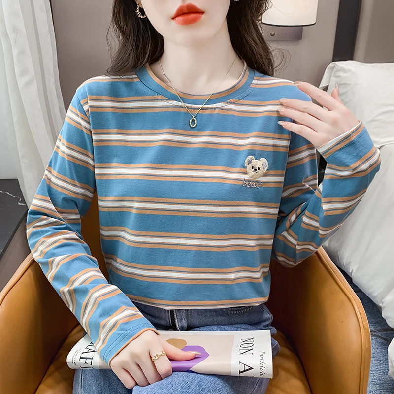 设计感撞色条纹内搭打底衫女洋气秋装2024新款重工刺绣长袖秋衣服