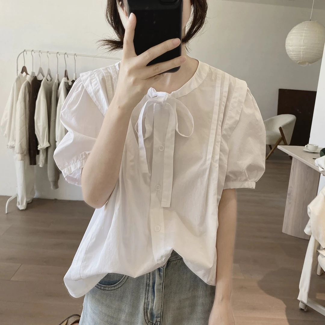 纯棉短袖衬衫女士夏季新款宽松显瘦韩版圆领简约设计感高品质上衣