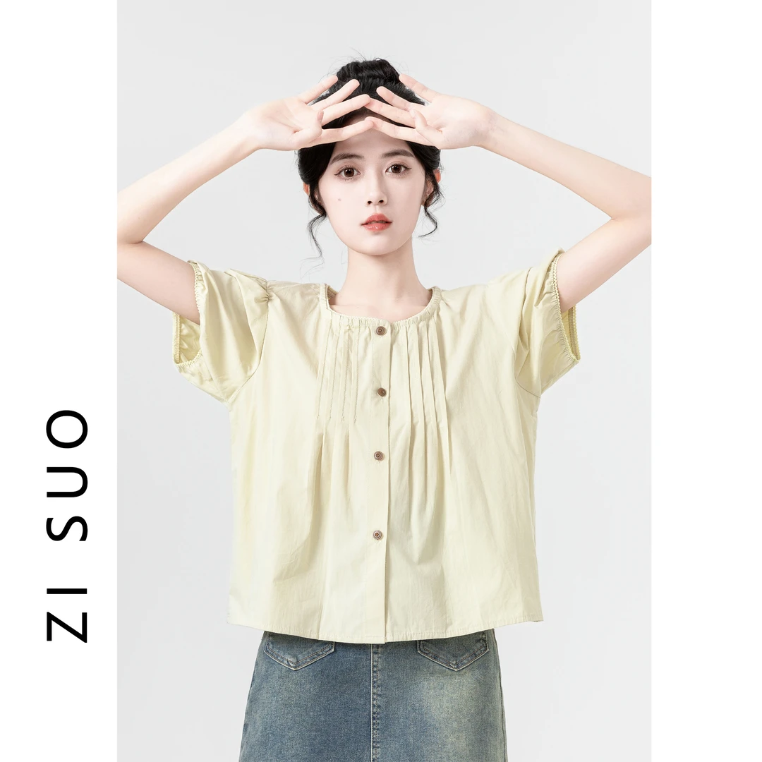 法式复古泡泡袖衬衫女夏2024新款小众设计感圆领短袖衬衣短款上衣