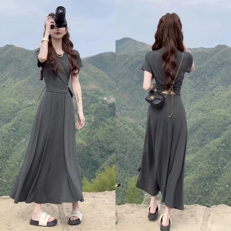 法式设计感时尚长款修身显瘦气质连衣裙针织T恤+半身裙小众套装裙