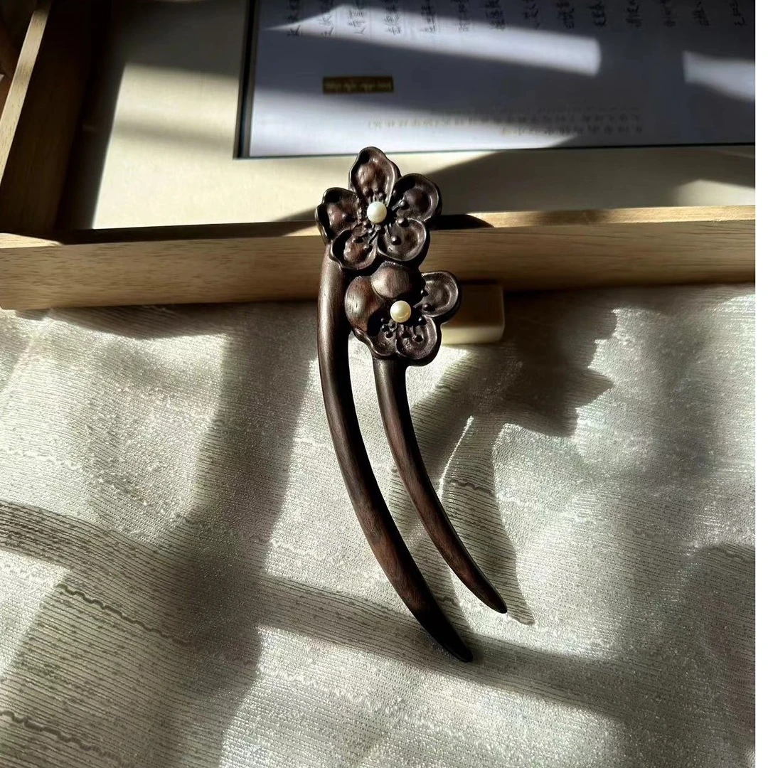 黑檀踏雪寻梅并蒂生活双钗发簪手工艺木雕美学饰品