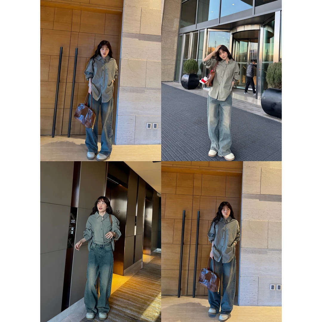 井迪儿【罗拉】复古宽松高腰渐变水洗阔腿直筒做旧牛仔裤3