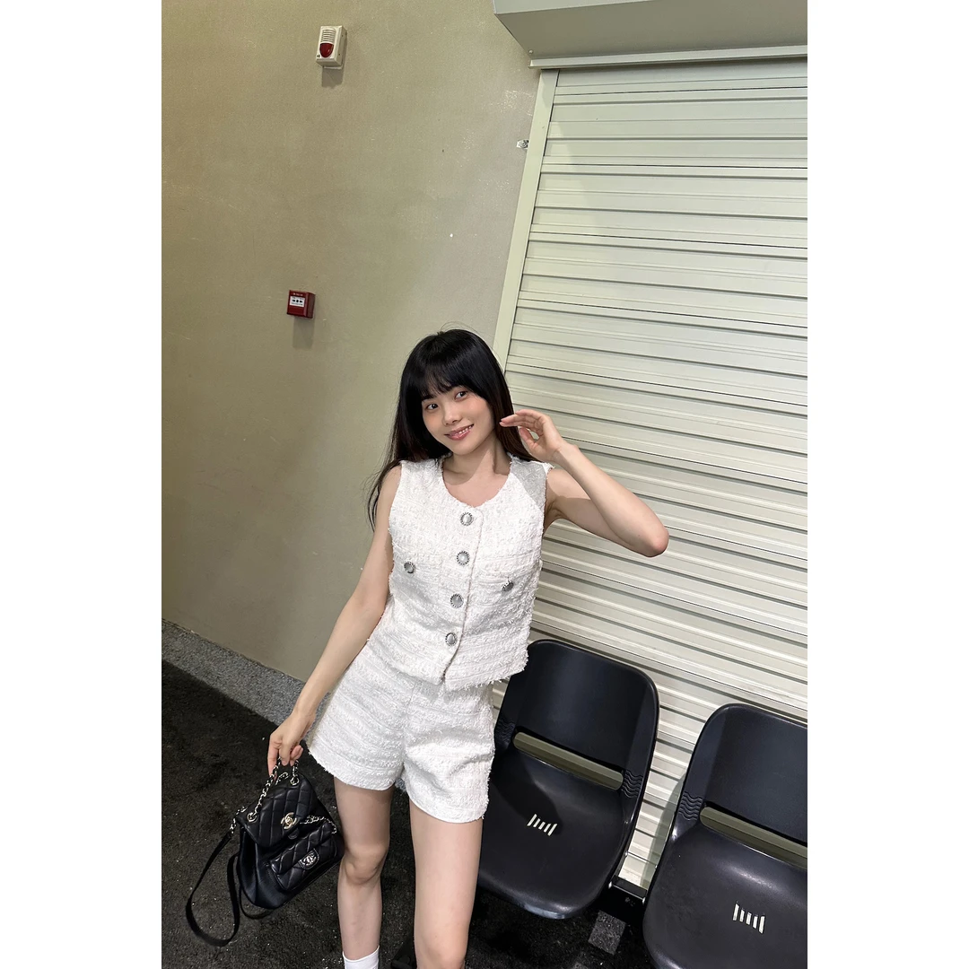 no退no换井迪儿【月色】～夏季小香风毛边套装慵懒风两件套背心&短裤