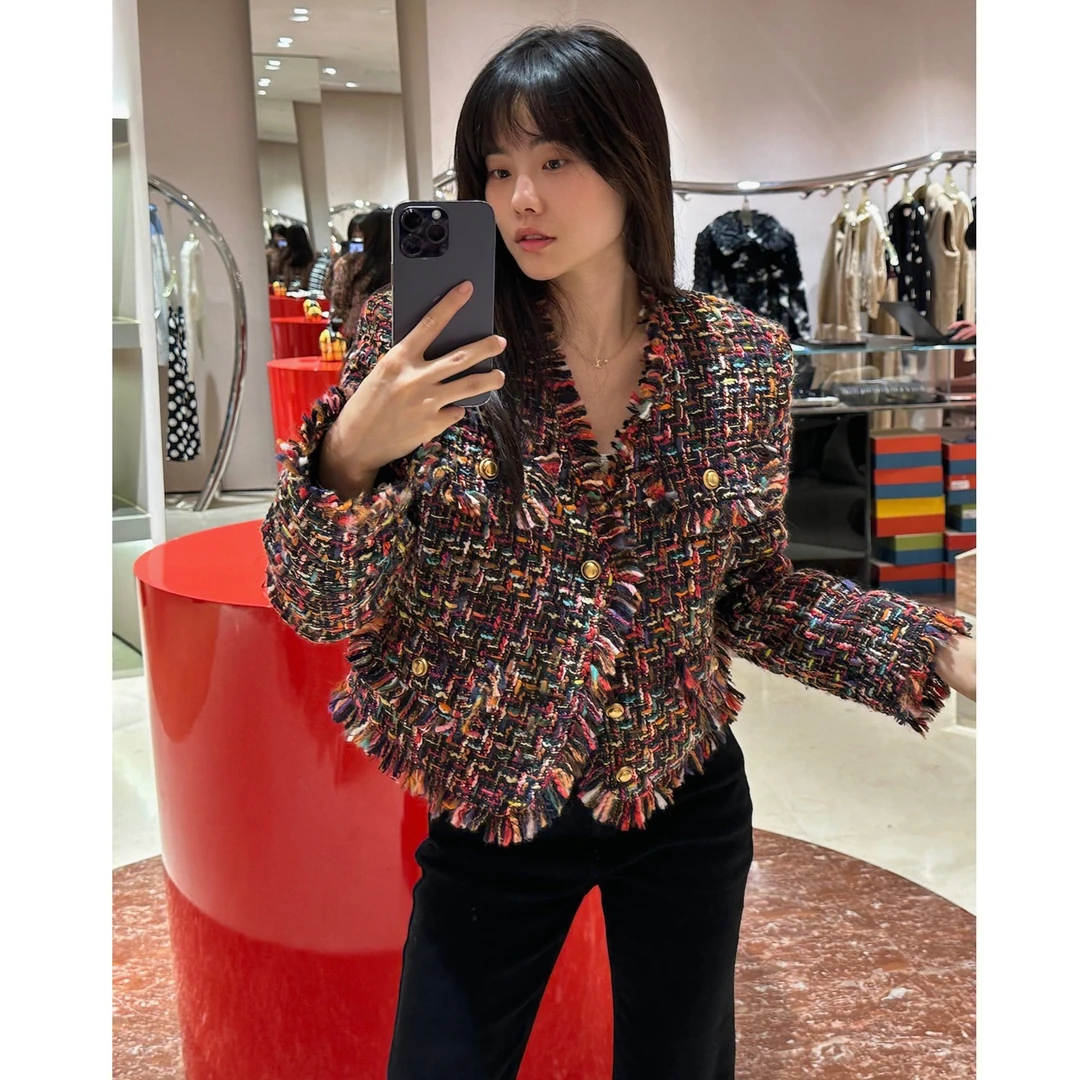 井迪儿【享受为主】～50%羊毛长袖彩线小香风外套流苏边气质上衣2